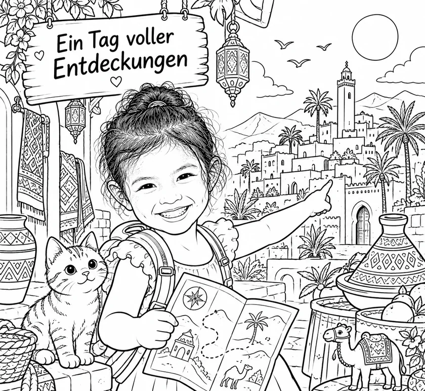 Lächelndes Mädchen mit Reiseführer und Katze in einer marokkanischen Entdeckungsszene