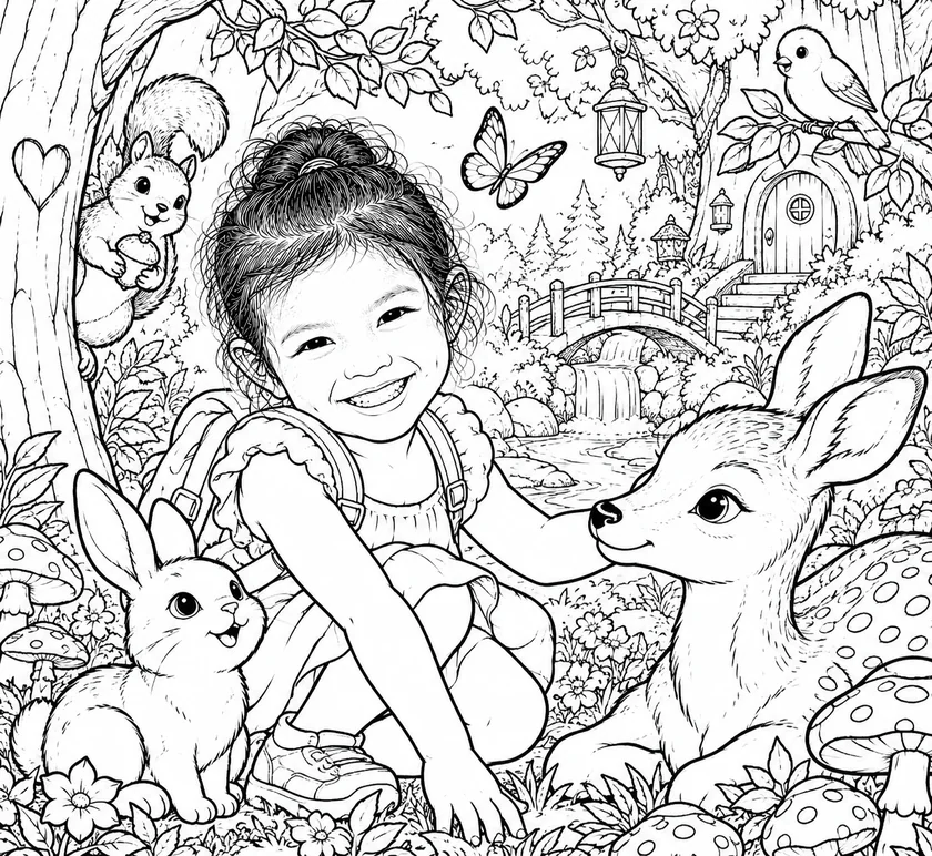 Mädchen mit Reh und Hase im geheimen Zauberwald